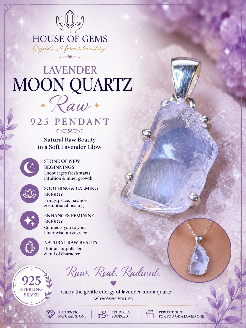 Lavender Moon Quartz Raw 925 Pendant - Light Purple Crystal